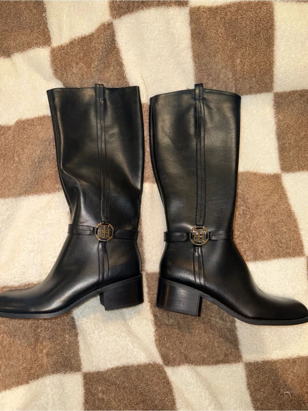 Tommy Hilfiger Black Leather Mid-Calf Boots with Gold Logo